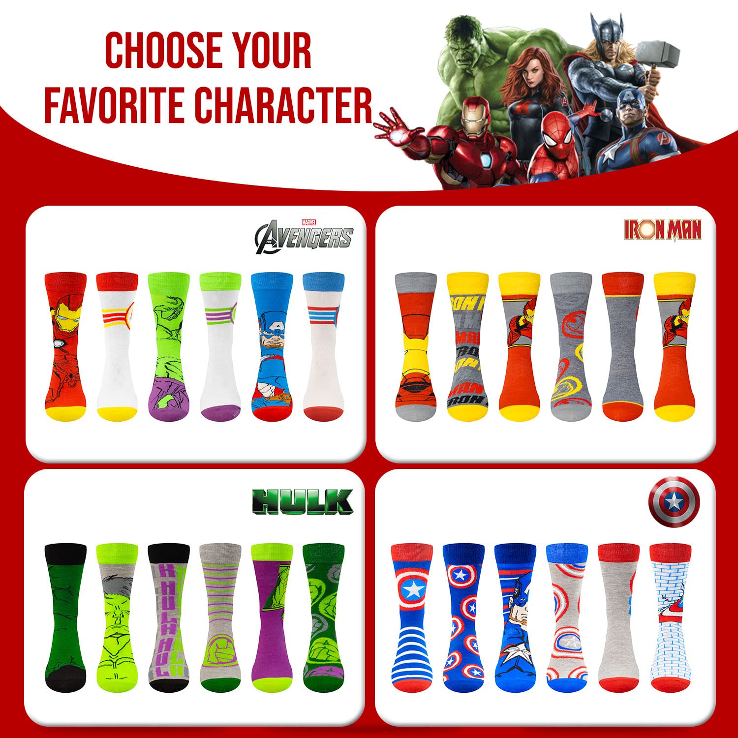 Marvel Legends Socks for Boys & Men, 6-Pack Socks for Men & Boys Socks, Men's Athletic Socks, Athletic Socks for Boys