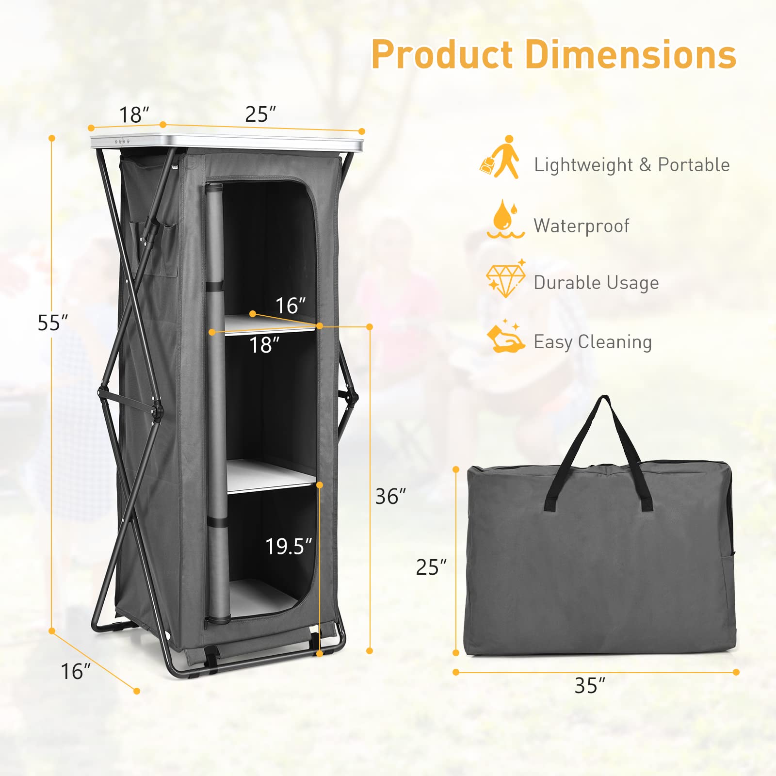 Goplus Folding Camping Storage Cabinet, Pop Up Outdoor Camping Kitchen Station with Large 3-Tier Storage Organizer, Carry Bag, Easy Set Up Portable Compact Camping Table for BBQ Picnic Backyard (55'')