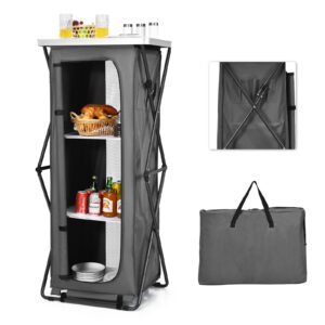 Goplus Folding Camping Storage Cabinet, Pop Up Outdoor Camping Kitchen Station with Large 3-Tier Storage Organizer, Carry Bag, Easy Set Up Portable Compact Camping Table for BBQ Picnic Backyard (55'')