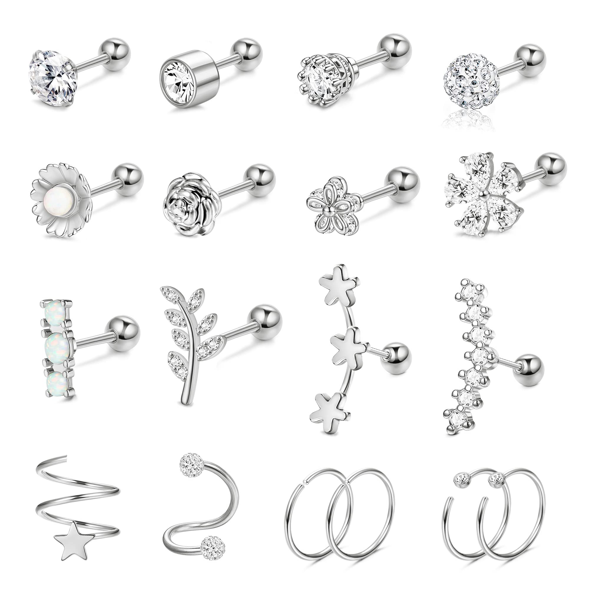 IRONBOX 18 Pcs 16G Cartilage Earrings Studs for Women Men Surgical Steel Tragus Couch Helix Piercing Jewelry Opal Flower Leaf CZ Cartilage Helix Earrings Silver