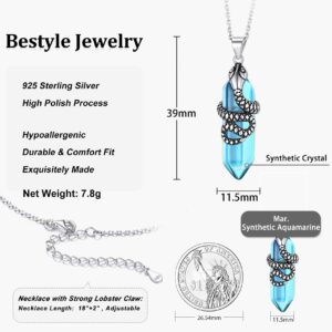 Bestyle Sterling Silver Snake Wrap Created Hexagonal Aquamarine Crystal Necklaces March Birthstone Blue Crystal Pendant Necklace for Spiritual Energy Healing,Inspirational Gift