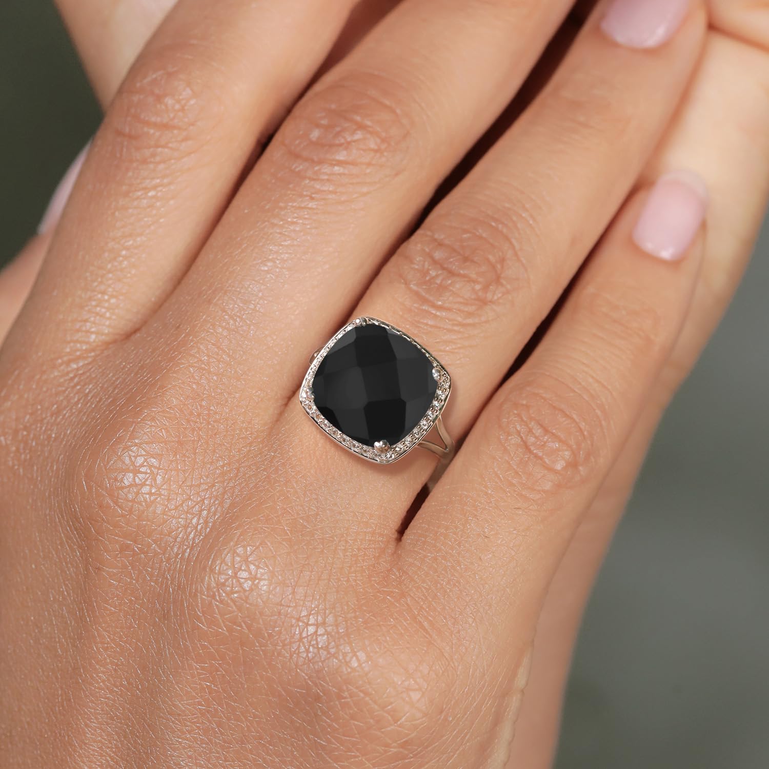 Gem Stone King 10K White Gold Black Onyx and White Created Sapphire Women Ring (5.77 Cttw, Cushion Checkerboard 12MM, Gemstone Birthstone, Available In Size 5, 6, 7, 8, 9)