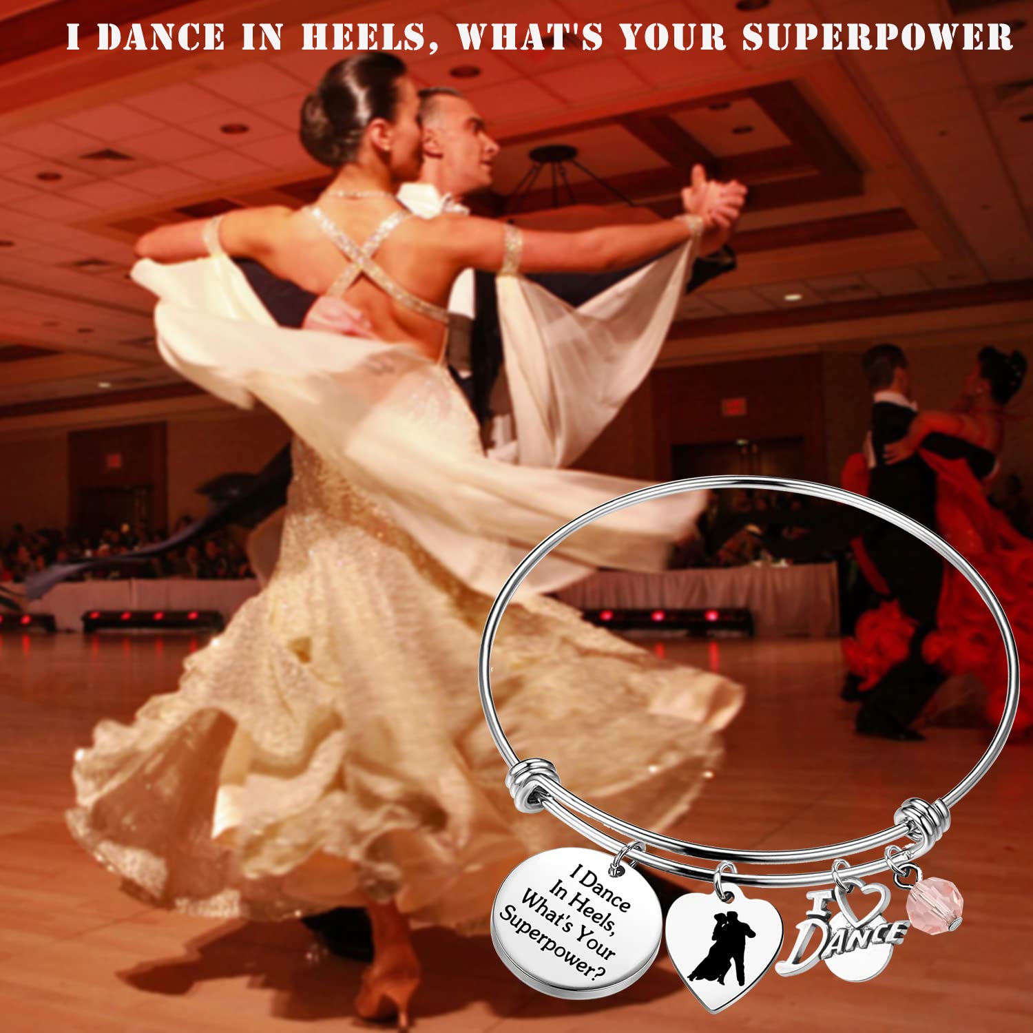 PLITI Ballroom Dance Gift Ballroom Dancer Gift Dance Teacher Appreciation Gift I Dance In Heels What's Your Superpower Bracelet (dance in heels bg)