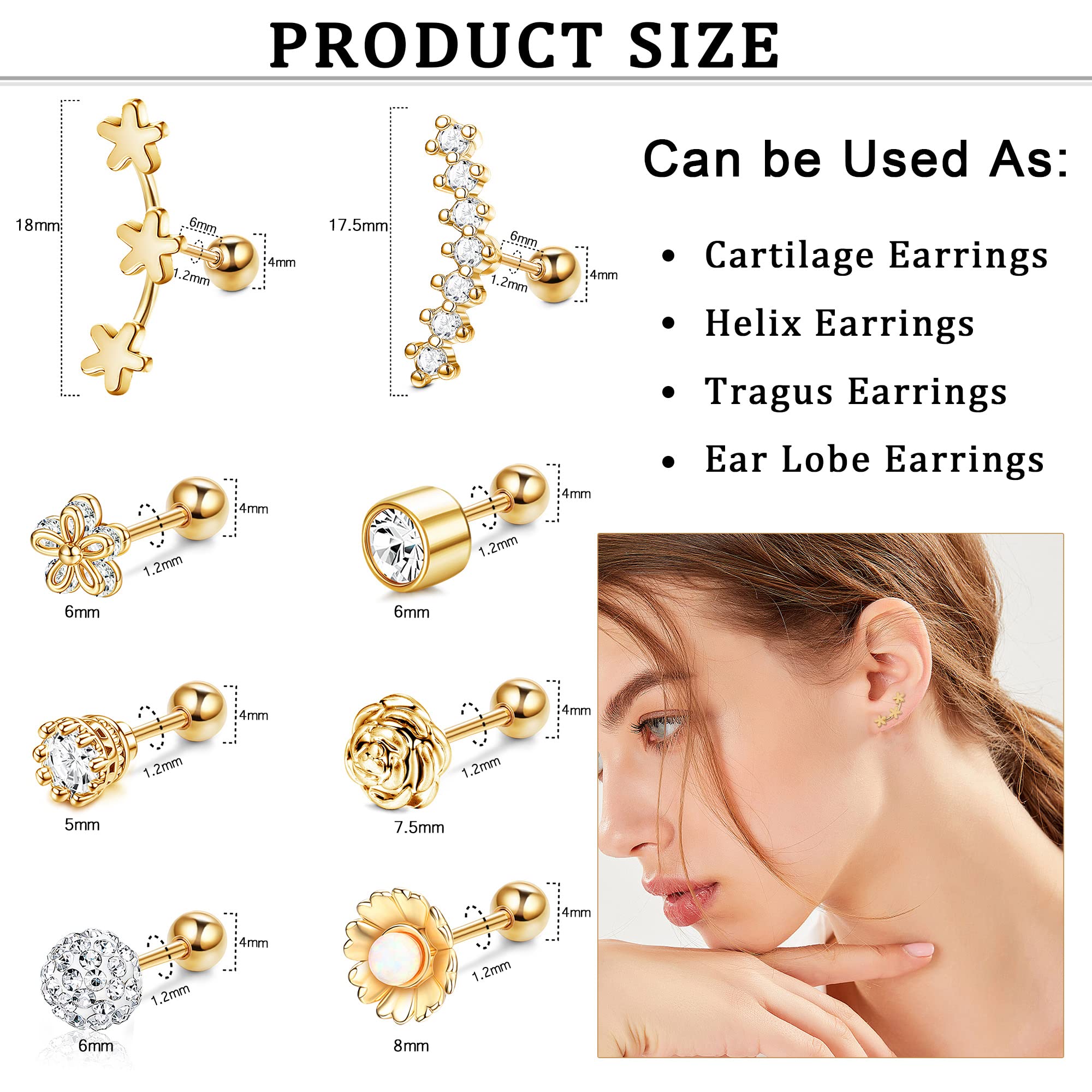 IRONBOX 18 Pcs 16G Cartilage Earrings Studs for Women Men Surgical Steel Tragus Couch Helix Piercing Jewelry Opal Flower Leaf CZ Cartilage Helix Earrings Gold