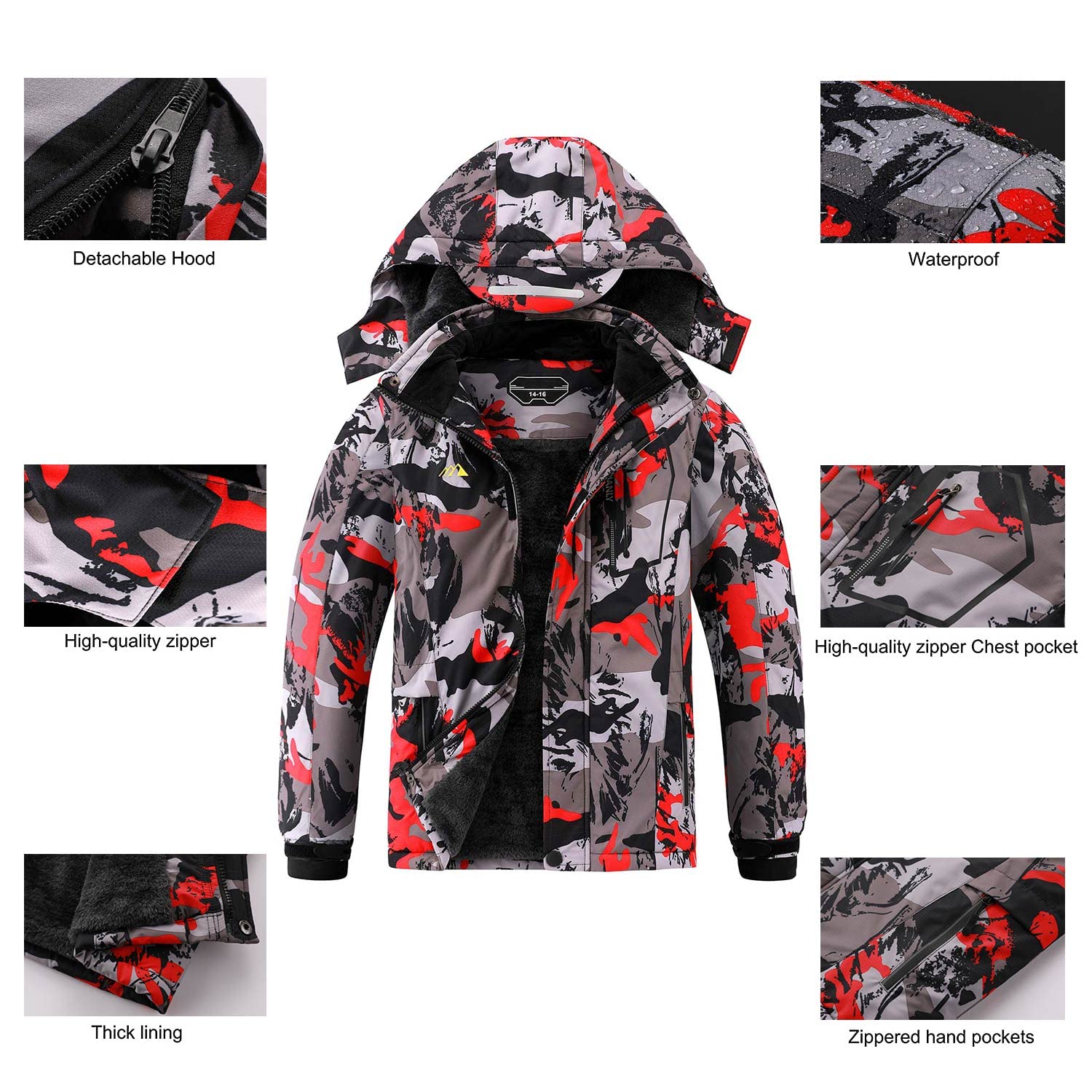 AFILOK Boy's Big Kid Ski Jacket Waterproof Breathable Kids Fleece Lined Windproof Hooded Snowboard Coats(red camouflage 8-9