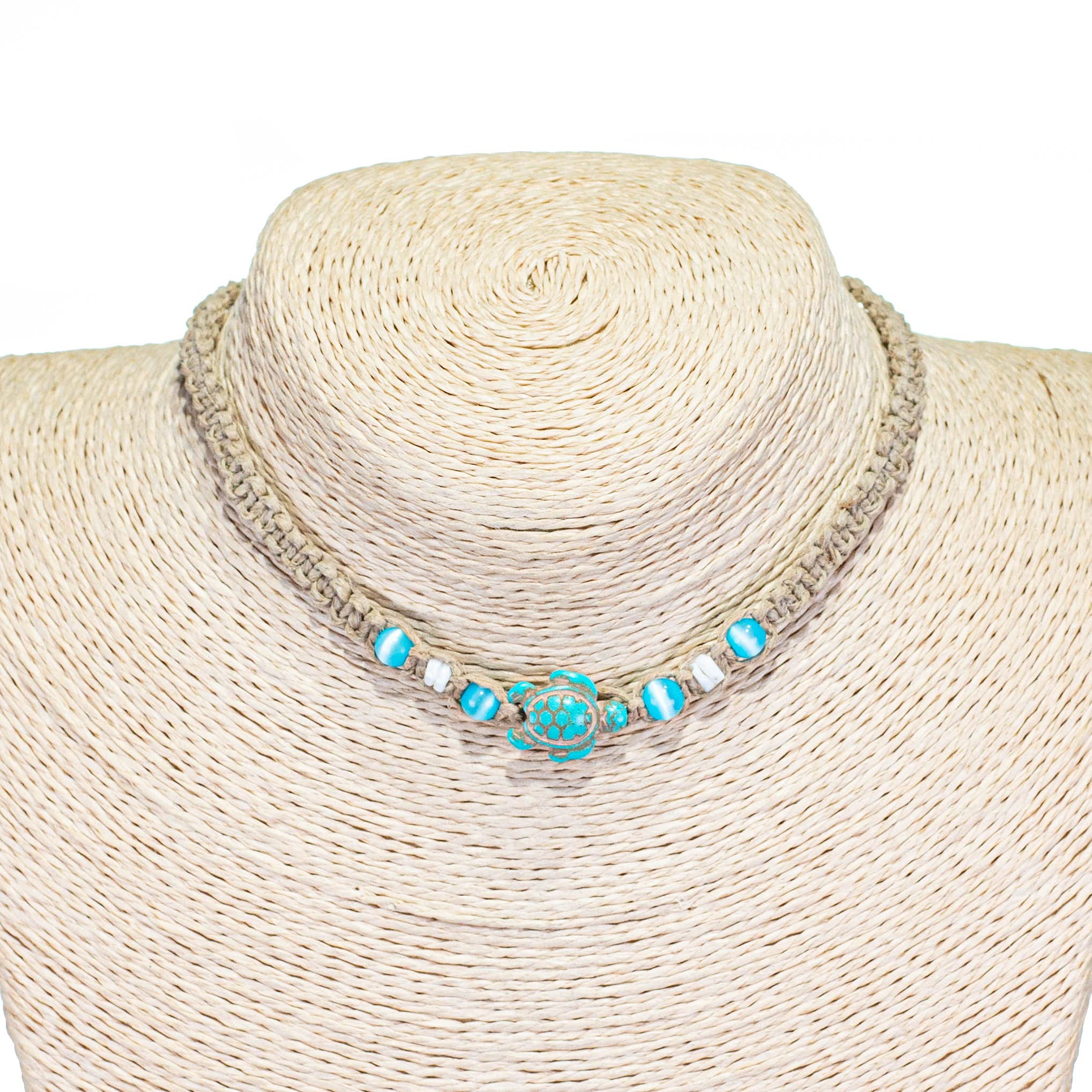 BlueRica Hemp Choker Necklace with Blue Cat's Eye, Puka Shell Beads & Turquoise Sea Turtle