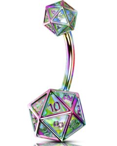 oufer 14g belly rings, 20 sided dice icosahedron 316l stainless belly button rings, dnd navel piercing jewelry, curved barbells