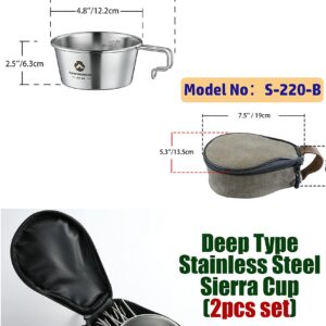 CAMPINGMOON 2pcs Set Stainless Steel Deep Type Camping Sierra Cup 450ml S-360 (2pcs Set + Bag)