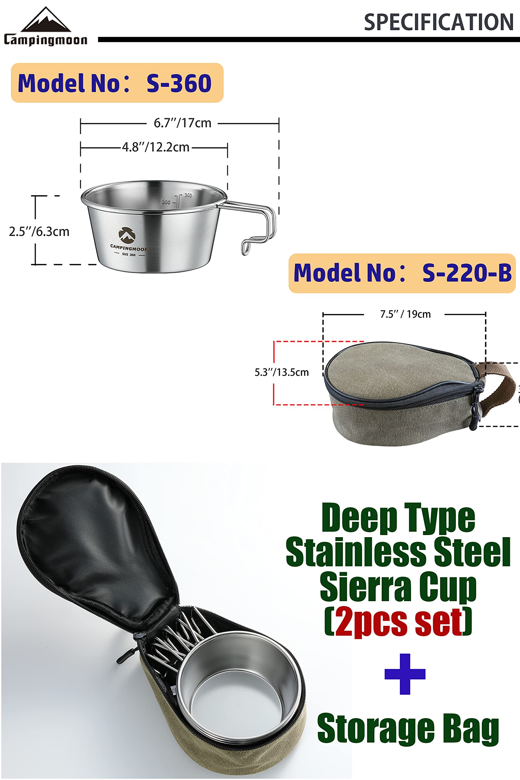 CAMPINGMOON 2pcs Set Stainless Steel Deep Type Camping Sierra Cup 450ml S-360 (2pcs Set + Bag)