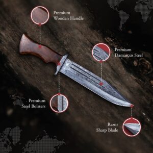 Morf Steelware Handmade Damascus Bowie Knife, 14.5 inch Camping & Hunting Damascus Knife, Fixed Blade Hand Forged Hiking Knife, Damascus Steel Survival Knife with Leather Sheath