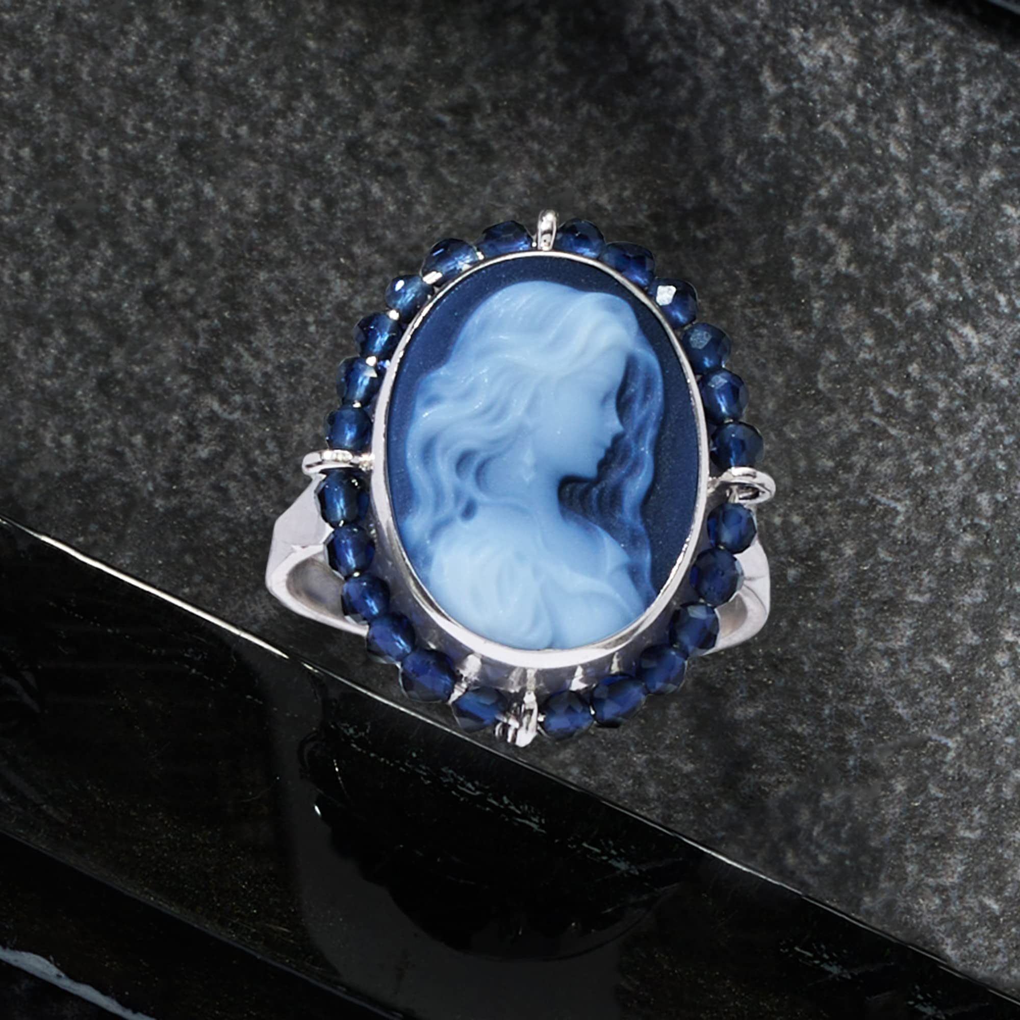 Ross-Simons Italian Blue Agate Cameo Ring With 1.32 ct. t.w. Blue Spinel in Sterling Silver. Size 8