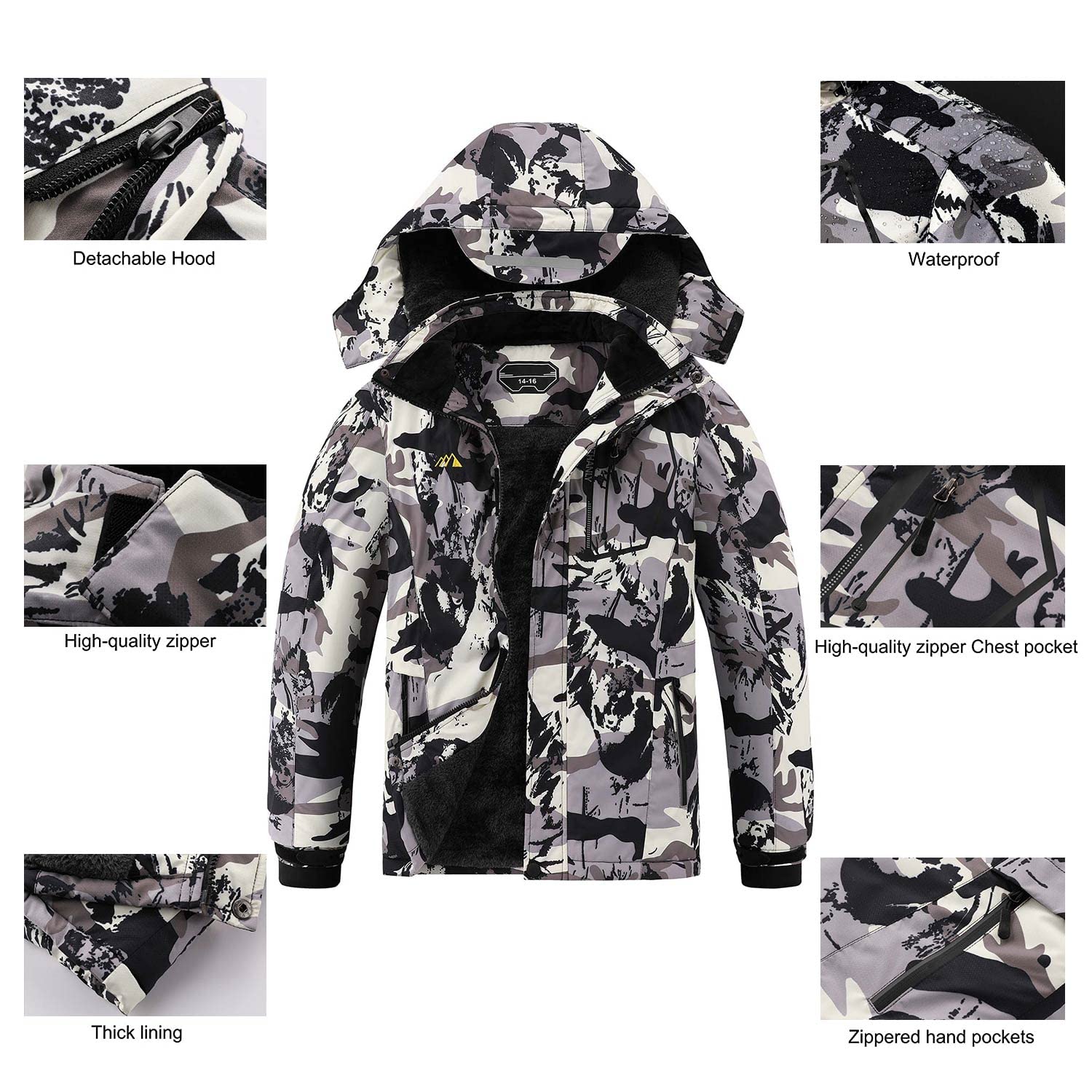 AFILOK Boy's Ski Jacket Waterproof Breathable Kids Fleece Lined Windproof Hooded Snowboard Coats(white camouflage 6-7)