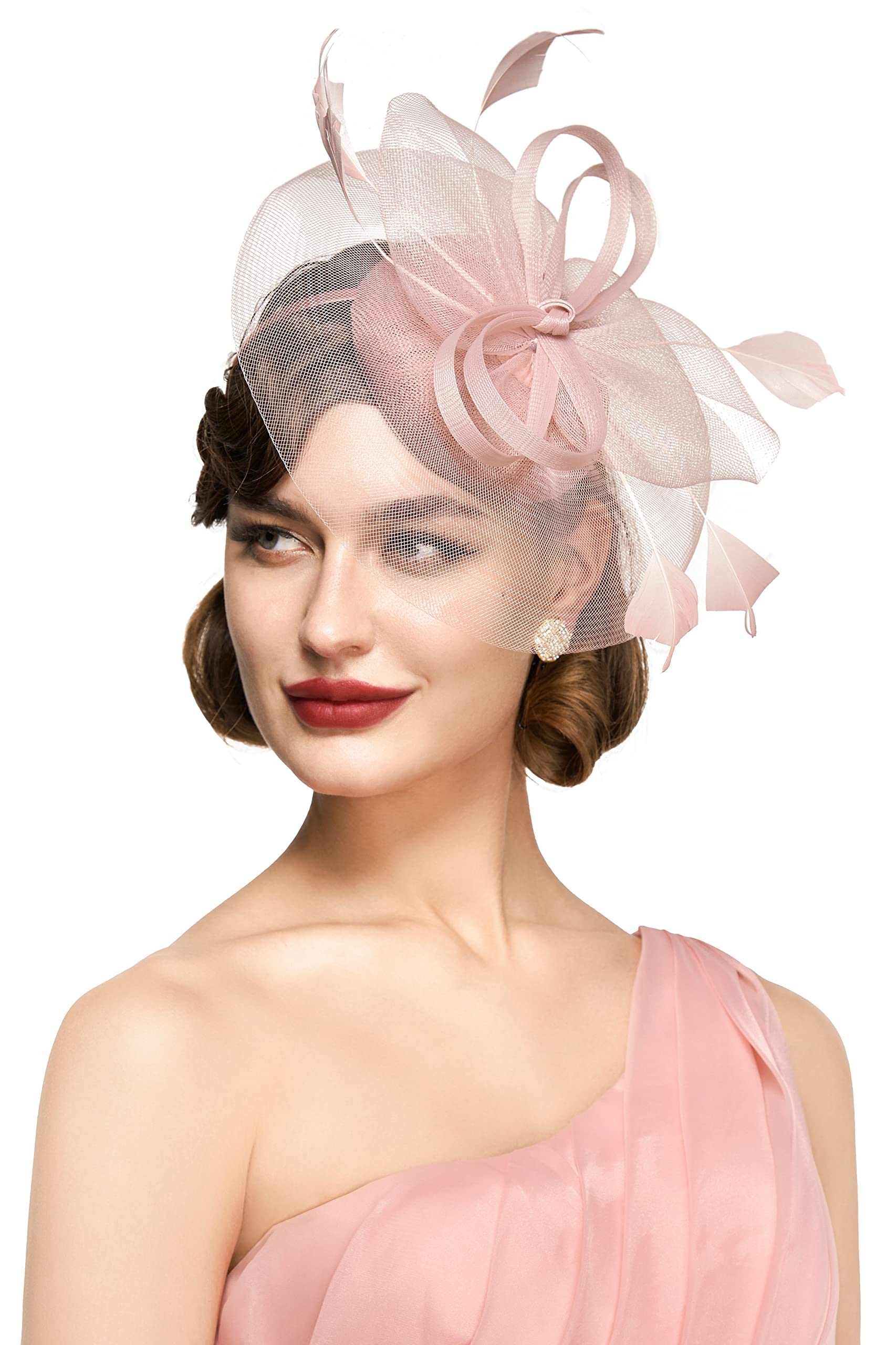 BABEYOND Women's Fascinator Hat Kentucky Hat Feather Derby Fascinator Tea Party Hat for Cocktail Wedding Nude Pink