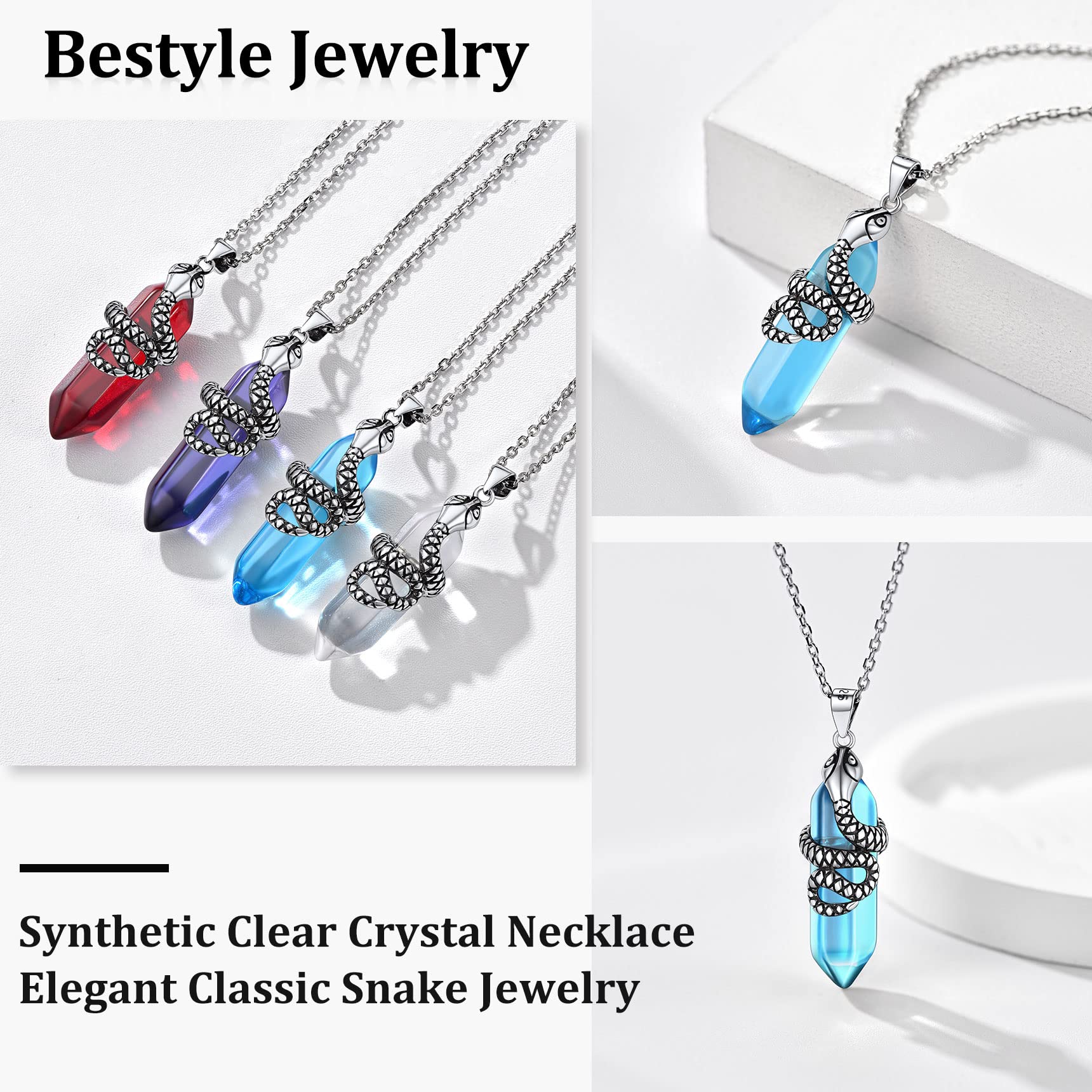 Bestyle Sterling Silver Snake Wrap Created Hexagonal Aquamarine Crystal Necklaces March Birthstone Blue Crystal Pendant Necklace for Spiritual Energy Healing,Inspirational Gift