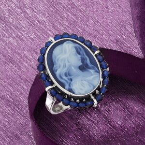 Ross-Simons Italian Blue Agate Cameo Ring With 1.32 ct. t.w. Blue Spinel in Sterling Silver. Size 8