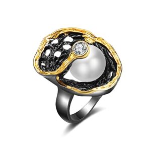 mytys vintage design statement rings for women gun black & gold color pearl with crystal cocktail ring size 8