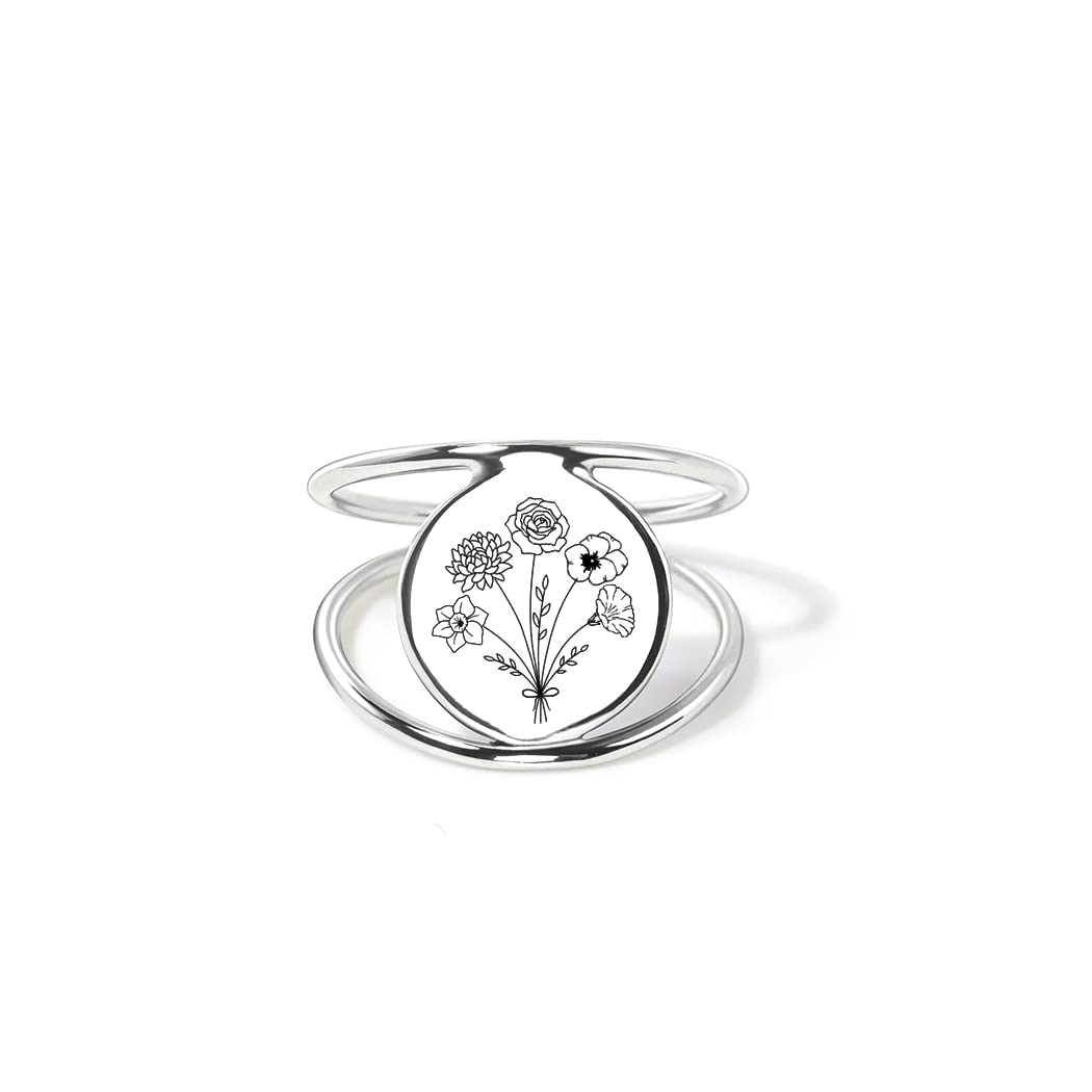 SIMONLY Mothers Day Gifts Personalized Flower Bouquet Ring Birth Flower Ring Sterling Silver Month Flower Ring for Women Mother Daughter