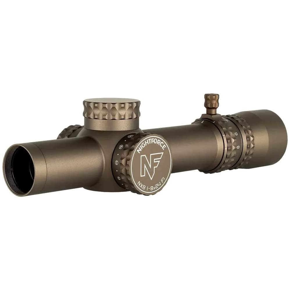 NIGHTFORCE NX8-1-8x24mm F1 Capped First Focal Plane (F1/FFP) 30mm Tube Durable Precise Waterproof Fogproof Hunting Gun Scope, FC-DMX Reticle - Dark Earth