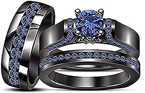 Aryan Jewels 2.30 Ct Round Cut Cut Blue Sapphire Bridal Engagement Ring 14k Black Gold Finish Trio Ring Set Wedding Women's Ring (7)