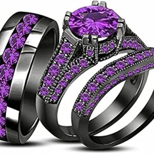 Aryan Jewels 2.30 Ct Round Cut Purple Amethyst 14K Black Gold Over Wedding Band Engagement Bridal Trio Ring Set for Him & Her (7.5)