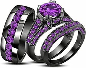 aryan jewels 2.30 ct round cut purple amethyst 14k black gold over wedding band engagement bridal trio ring set for him & her (10.5)