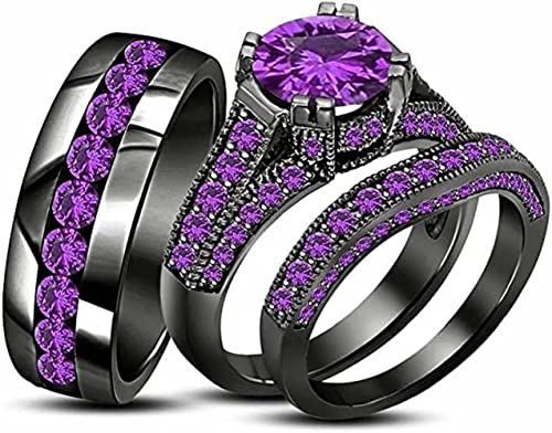 Aryan Jewels 2.30 Ct Round Cut Purple Amethyst 14K Black Gold Over Wedding Band Engagement Bridal Trio Ring Set for Him & Her (10.5)