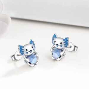 Axolotl Earrings Sterling Silver Sea Creature Stud Earrings Hypoallergenic Cute Earrings with Blue Crystal Kawaii Jewelry Gifts for Women Daughter