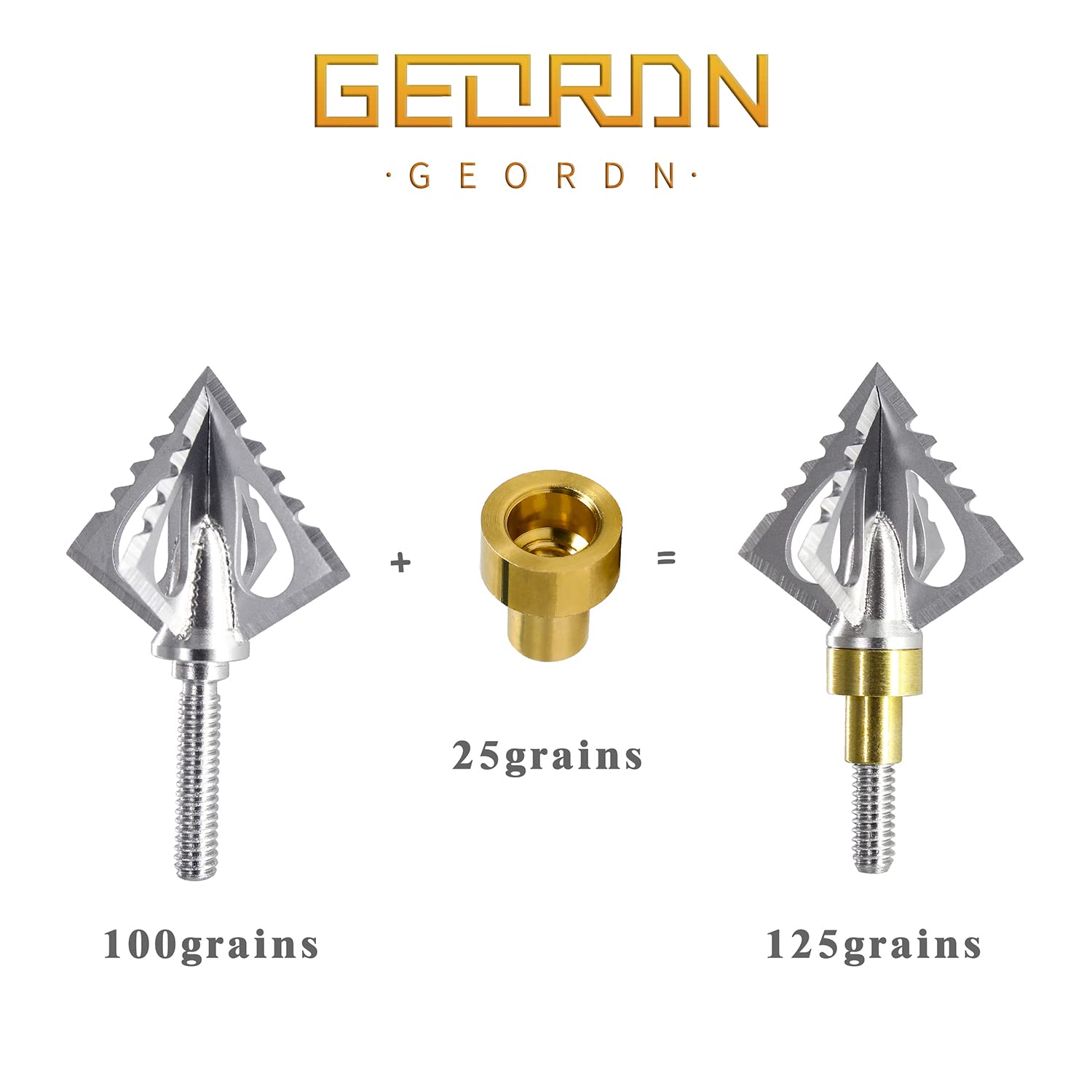 Geordn One-Piece Hunting Broadheads Fixed Blades 100 Grains 125 Grains 2 Cutting Diameters Arrow Tips Archery Hunting Head (100/125 Grains-Silver 3 PK)