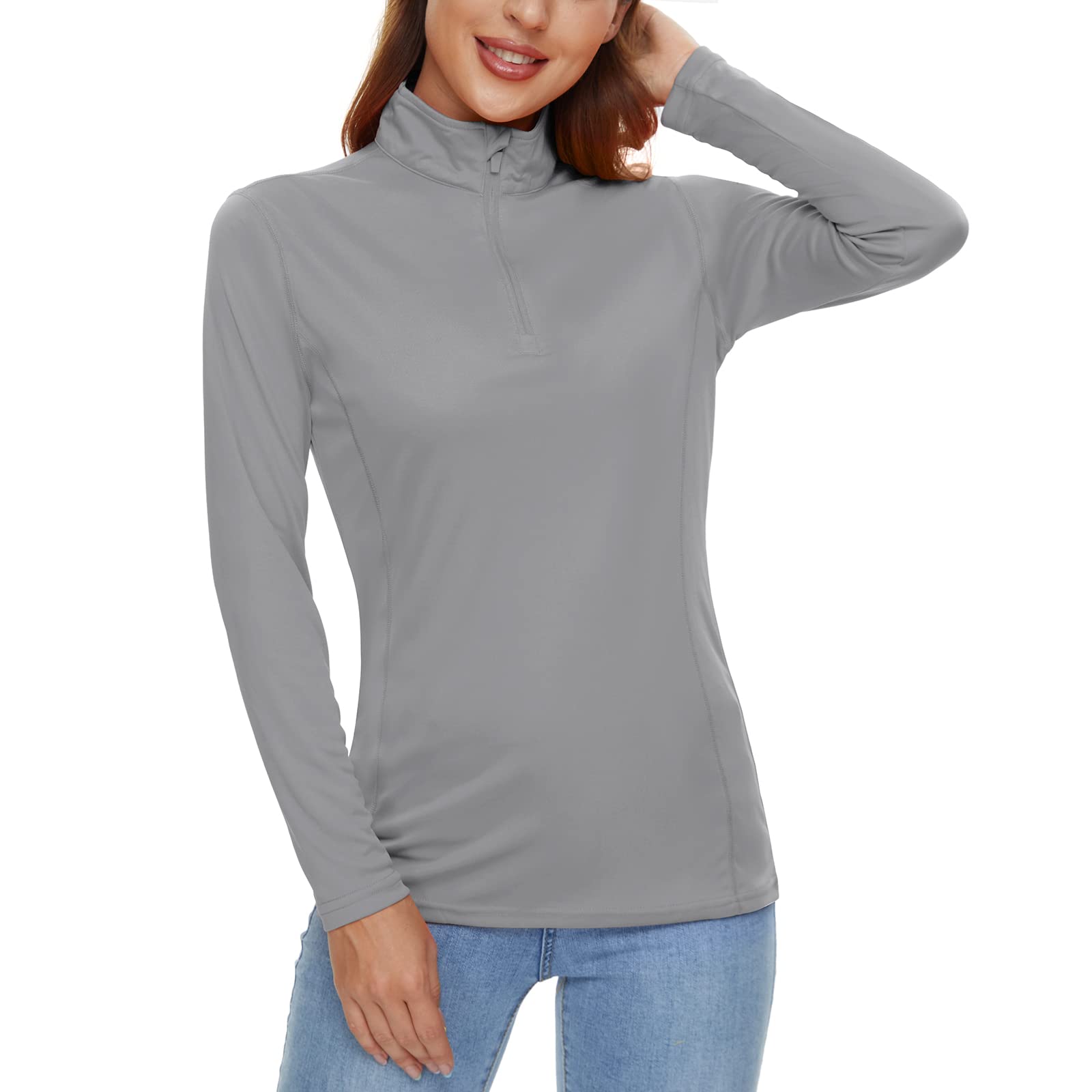 CRYSULLY Women's Classic Long Sleeve Shirts Lightweight Sun Protection Outdoor Running Top Light Grey