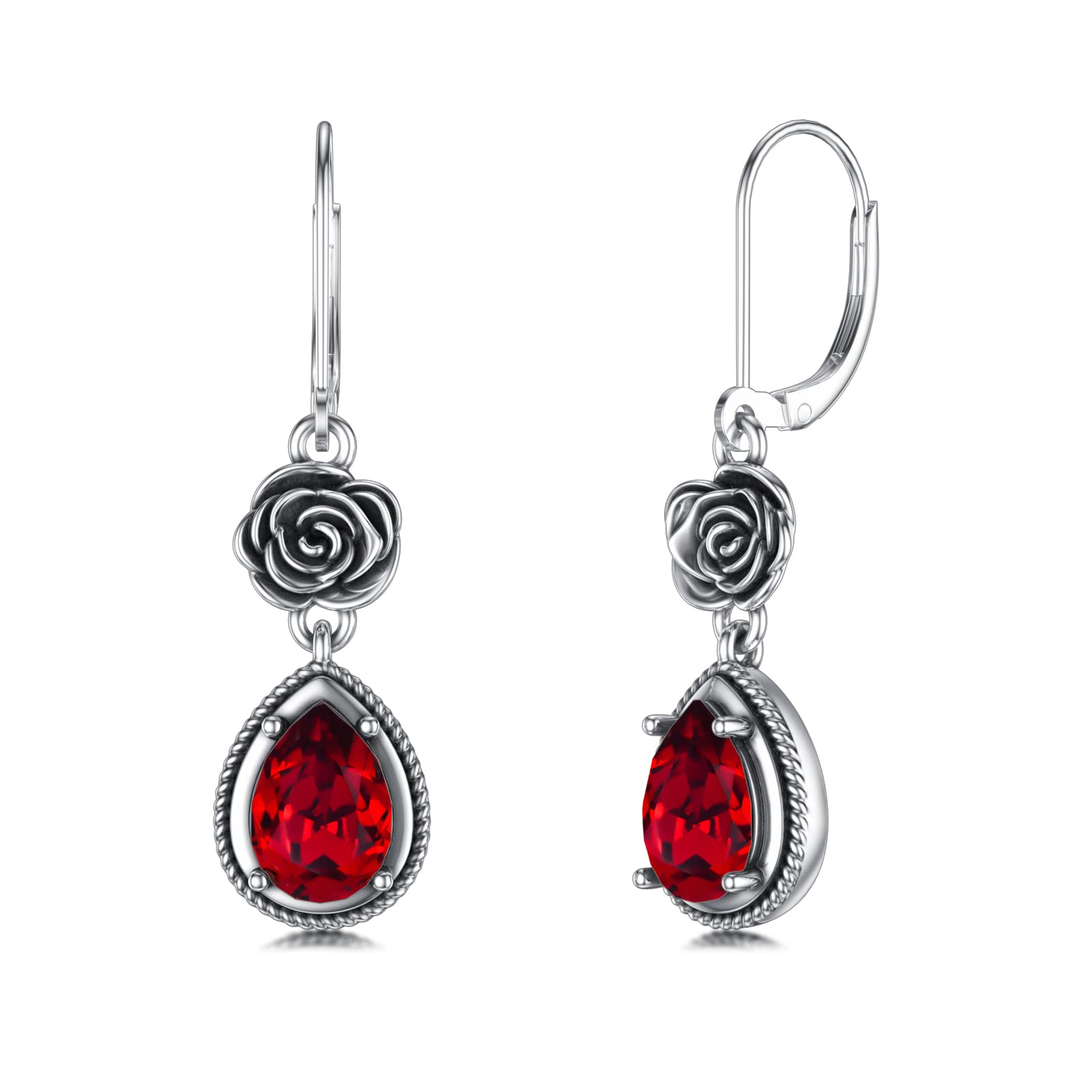 Red Earrings for Women Sterling Silver Oxidized Vintage Rose Dangle Teardrop Earrings with Simulated Ruby Garnet Red Birthstone Crystal from Austria