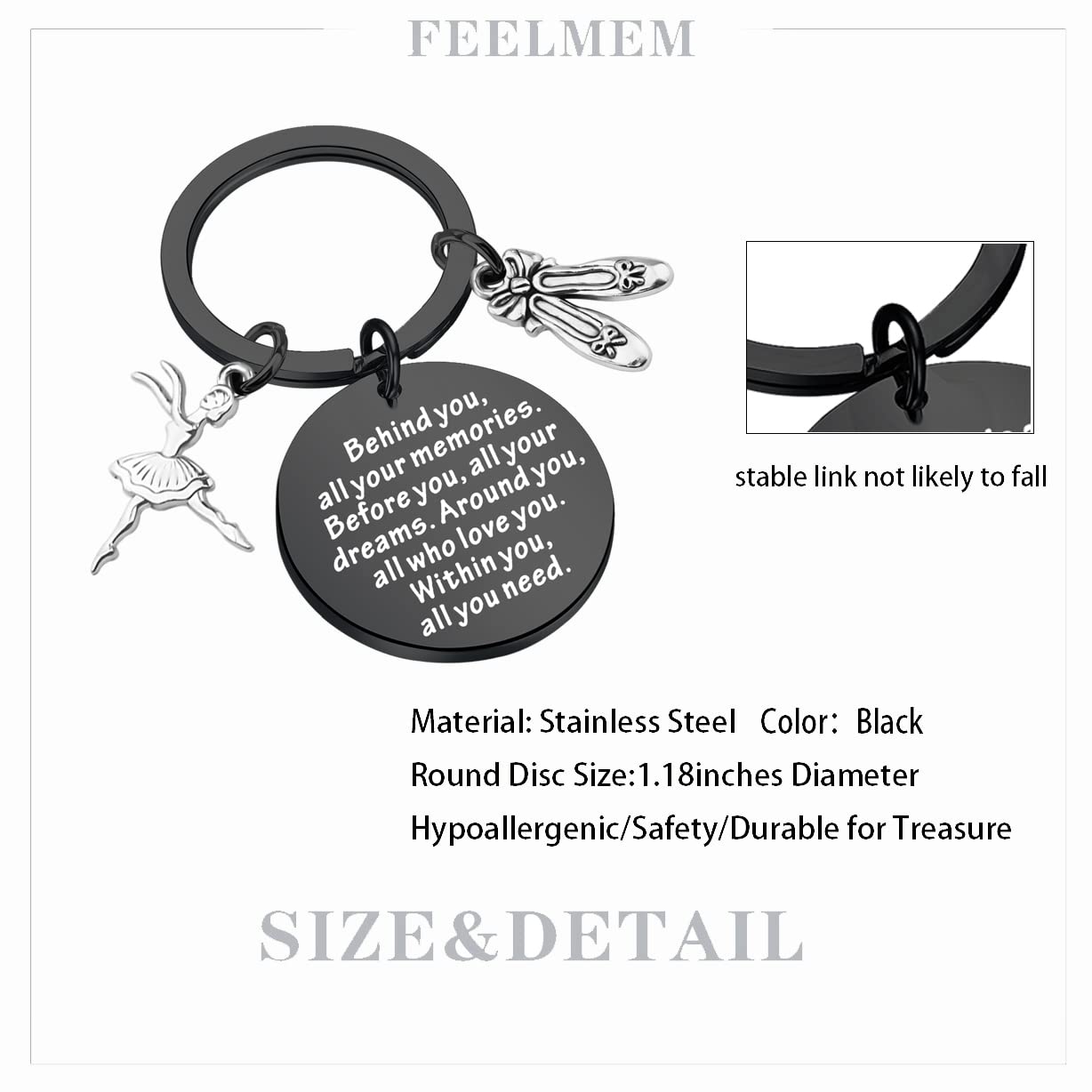 FEELMEM Ballet Dancing Gifts Dance Class Dancer Gift Dance Recitals Gift Behind You All Your Memories Keyring Graduation Gift(black)