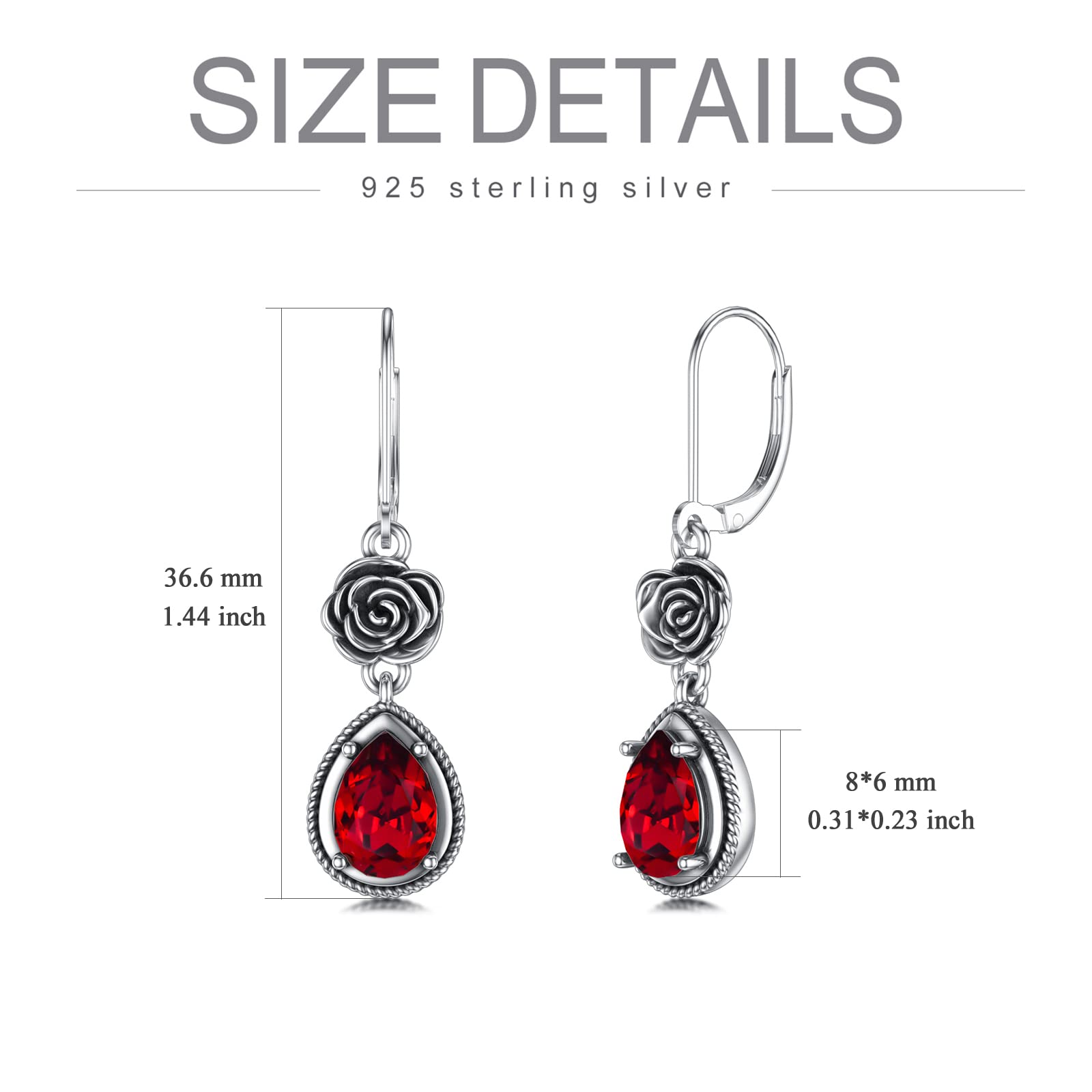 Red Earrings for Women Sterling Silver Oxidized Vintage Rose Dangle Teardrop Earrings with Simulated Ruby Garnet Red Birthstone Crystal from Austria