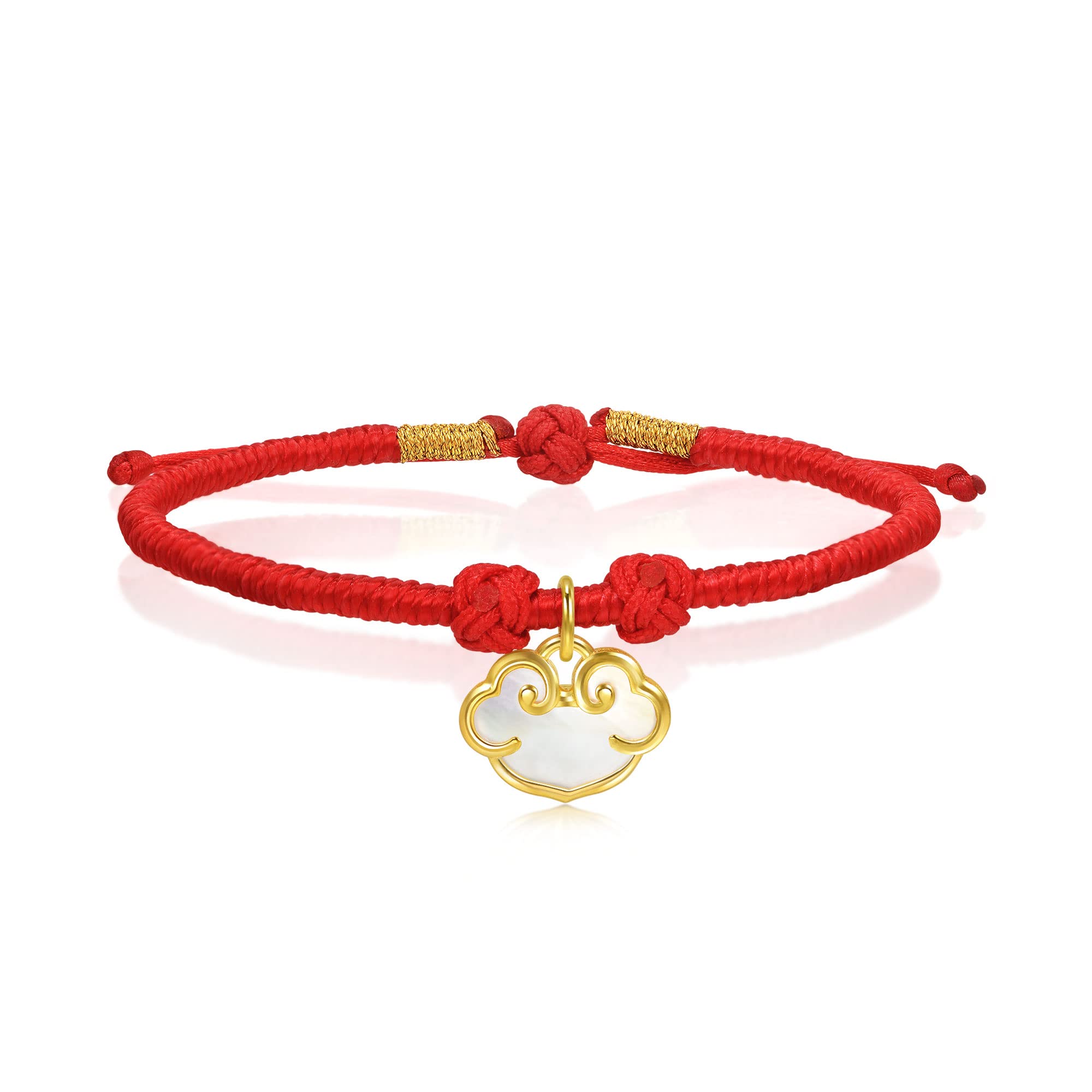 CHOW SANG SANG Cultural Blessings 999 24K Solid Gold Mother of Pearl Ruyi Lock with Red Thread Blessing Bracelet for Women 92033B | 8.6 Inches, (22 CM)