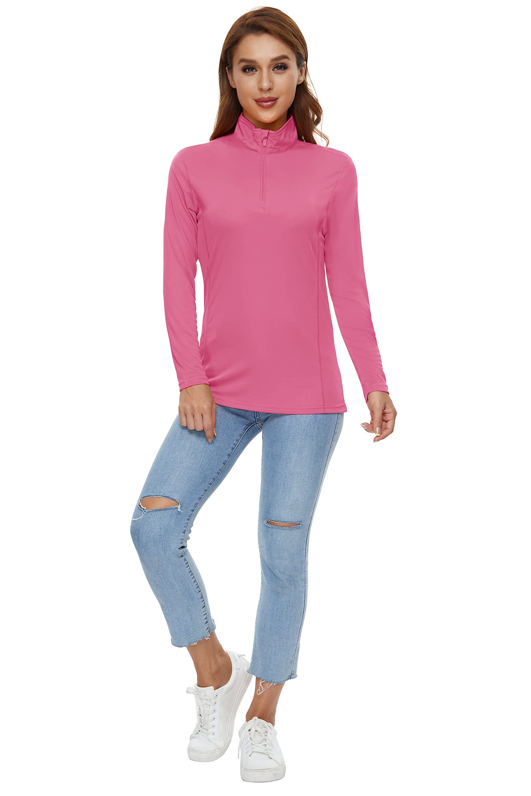 CRYSULLY Women's Shirts Summer Athletic Shirt Long Sleeve Top Outdoor Hiking Slim Fit Shirt Rose