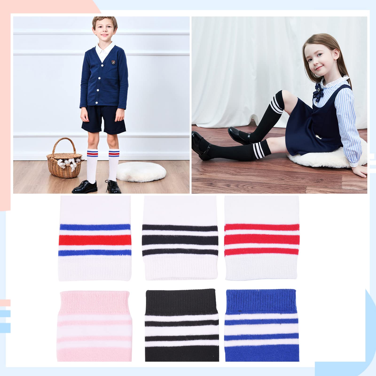 hakugoo Kids Soccer Socks Toddler Striped Knee High Socks 6 Pairs School Uniform Socks Cotton Sports Socks for Boys Girls (Assorted, 5-7 Years)