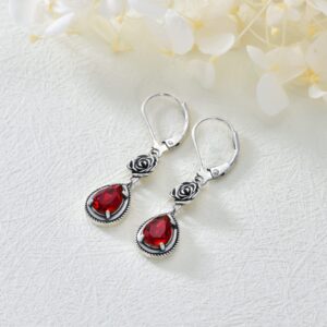 Red Earrings for Women Sterling Silver Oxidized Vintage Rose Dangle Teardrop Earrings with Simulated Ruby Garnet Red Birthstone Crystal from Austria