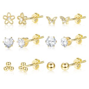 6 Pairs 14K Gold Small Stud Earrings Set for Women Cubic Zirconia Heart Ball Butterfly Flower Stud Earrings Set