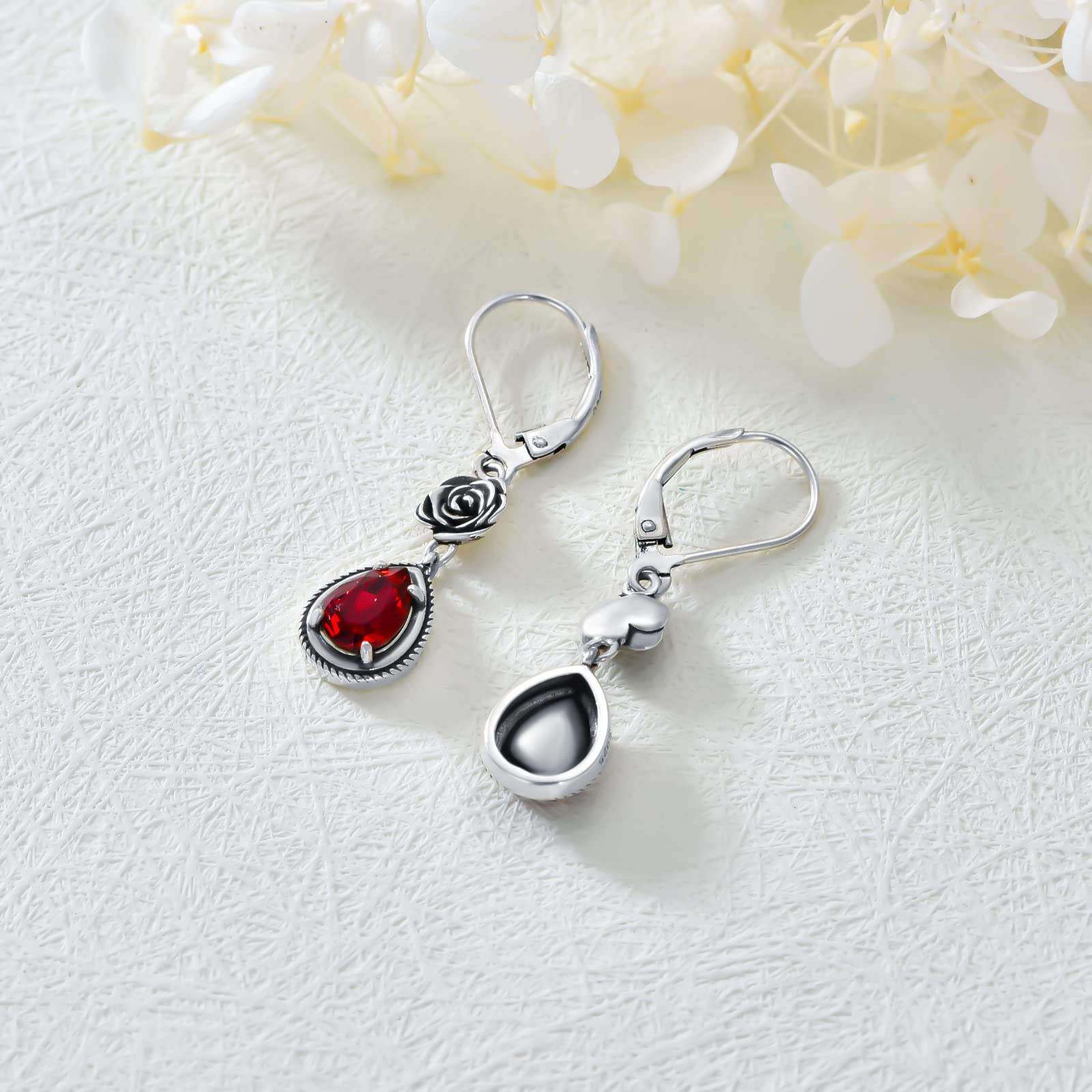 Red Earrings for Women Sterling Silver Oxidized Vintage Rose Dangle Teardrop Earrings with Simulated Ruby Garnet Red Birthstone Crystal from Austria