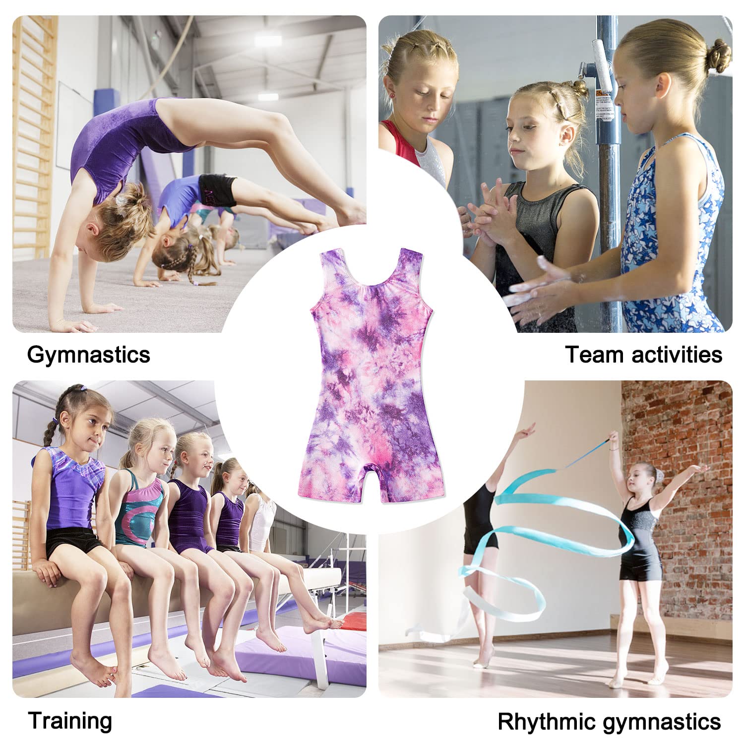 Funnycokid Gymnastics Leotards for Girls Purple Tie Dye Outfits Sparkly Biketards with Shorts Sleeveless Unitards 7-8 Years