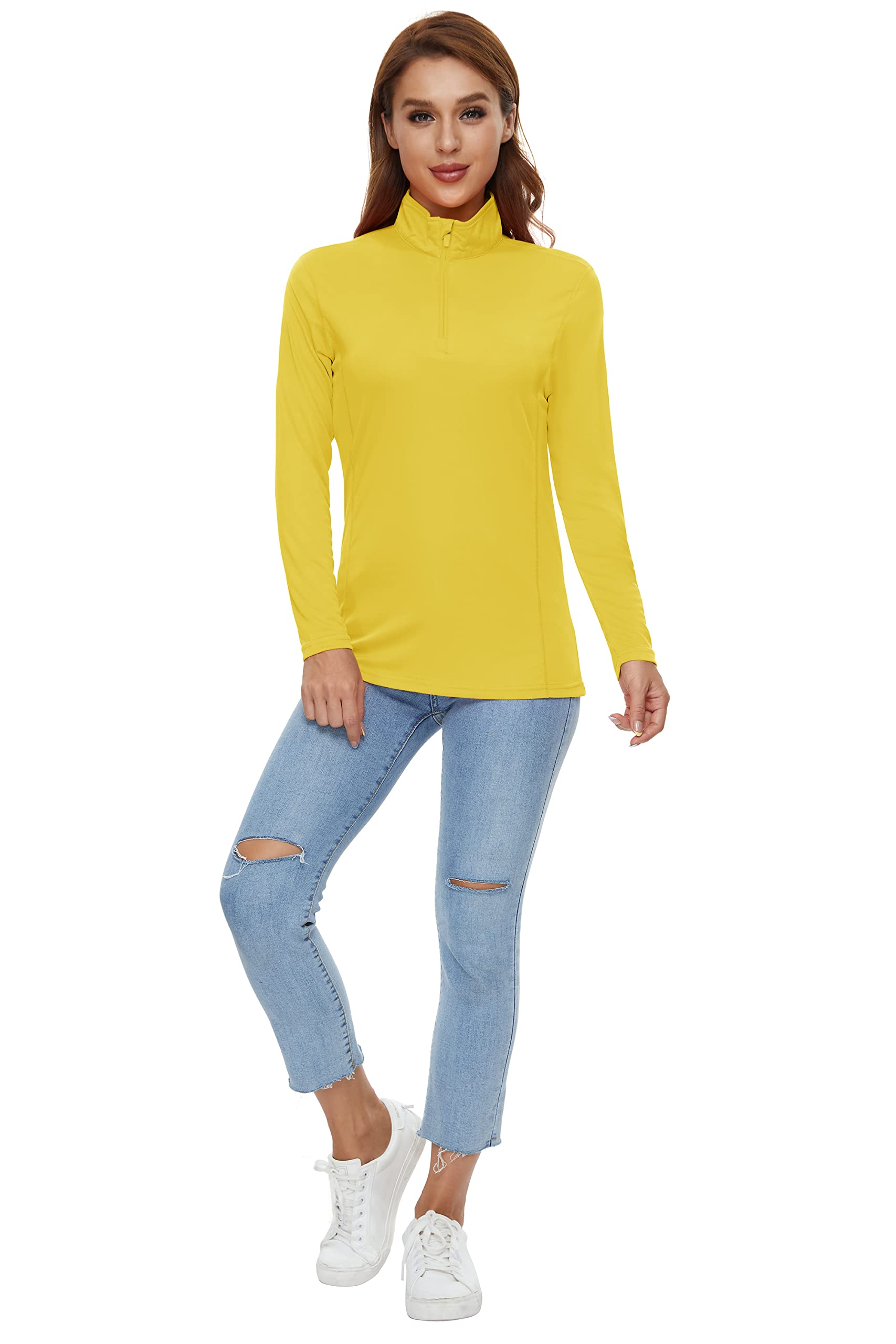 CRYSULLY Women's UPF 50+ Long Sleeve 1/4 Zip Lightweight Pullover Hiking Workout Tops Yellow