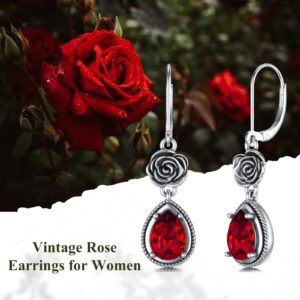 Red Earrings for Women Sterling Silver Oxidized Vintage Rose Dangle Teardrop Earrings with Simulated Ruby Garnet Red Birthstone Crystal from Austria