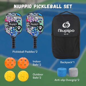 niupipo Pickleball Paddles, Pickleball Paddle Set of 2 w/Honeycomb Core, Fiberglass Surface, 2 Durable Overgrips, 1 Bag, 4 Pickleball Balls, Pickleball Paddle for Outdoor & Indoor Family Games