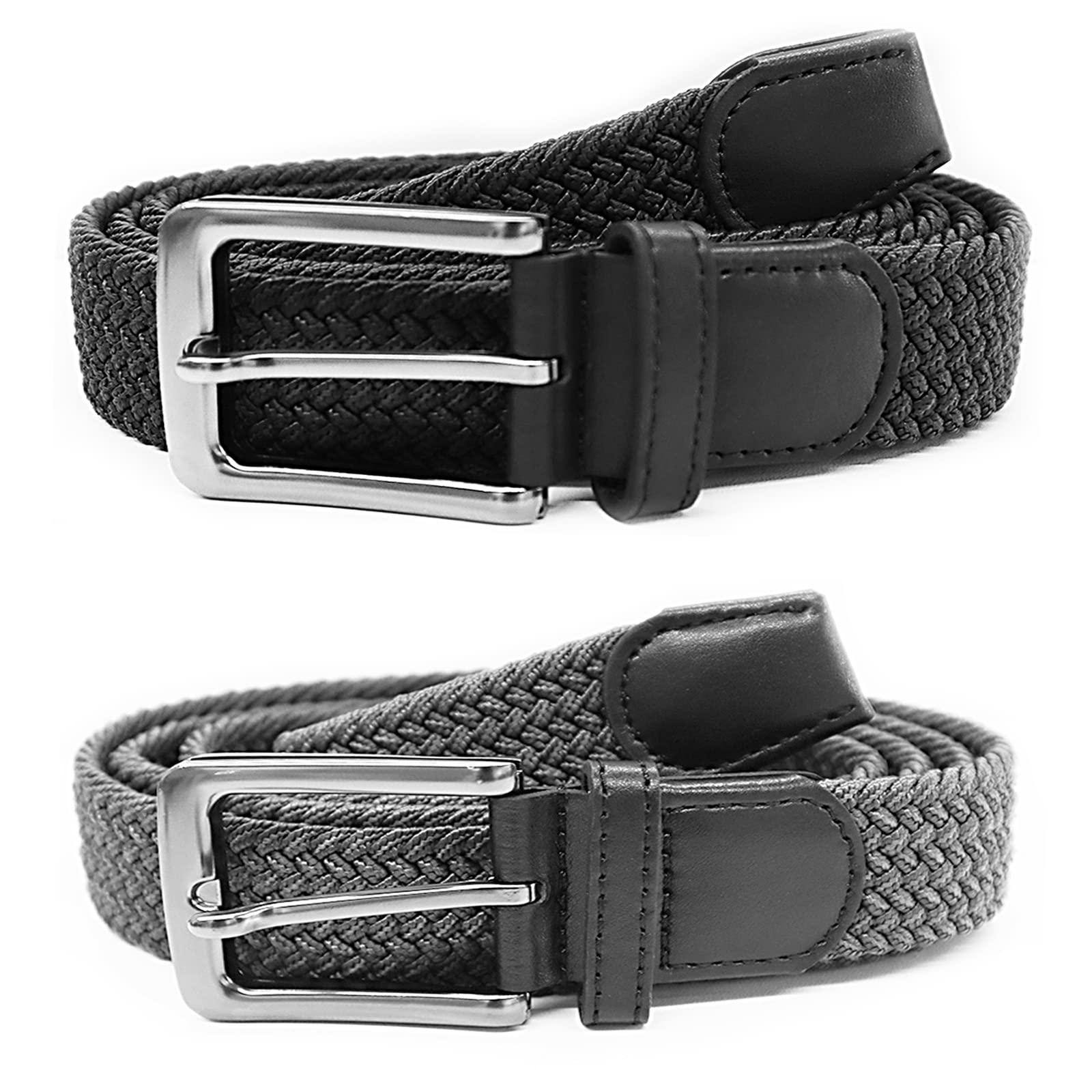 VEASAERS Golf Belts for Men 2 Pack Braided Elastic Fabric Stretch Canvas woven for Men Women Youth Sports Golf Hiking (38"-42" Waist Adjustable, 2 Pack-Black+Gray)