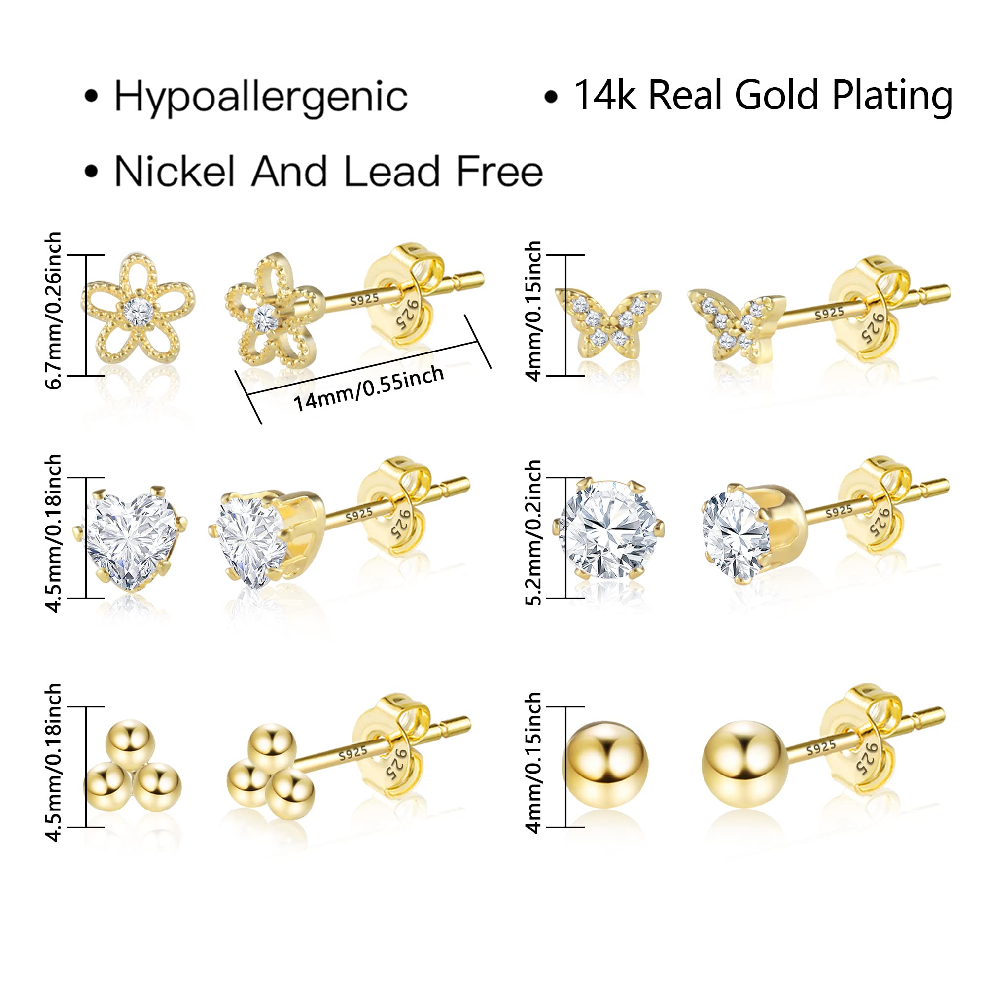 6 Pairs 14K Gold Small Stud Earrings Set for Women Cubic Zirconia Heart Ball Butterfly Flower Stud Earrings Set