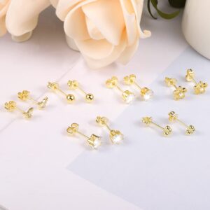 6 Pairs 14K Gold Small Stud Earrings Set for Women Cubic Zirconia Heart Ball Butterfly Flower Stud Earrings Set