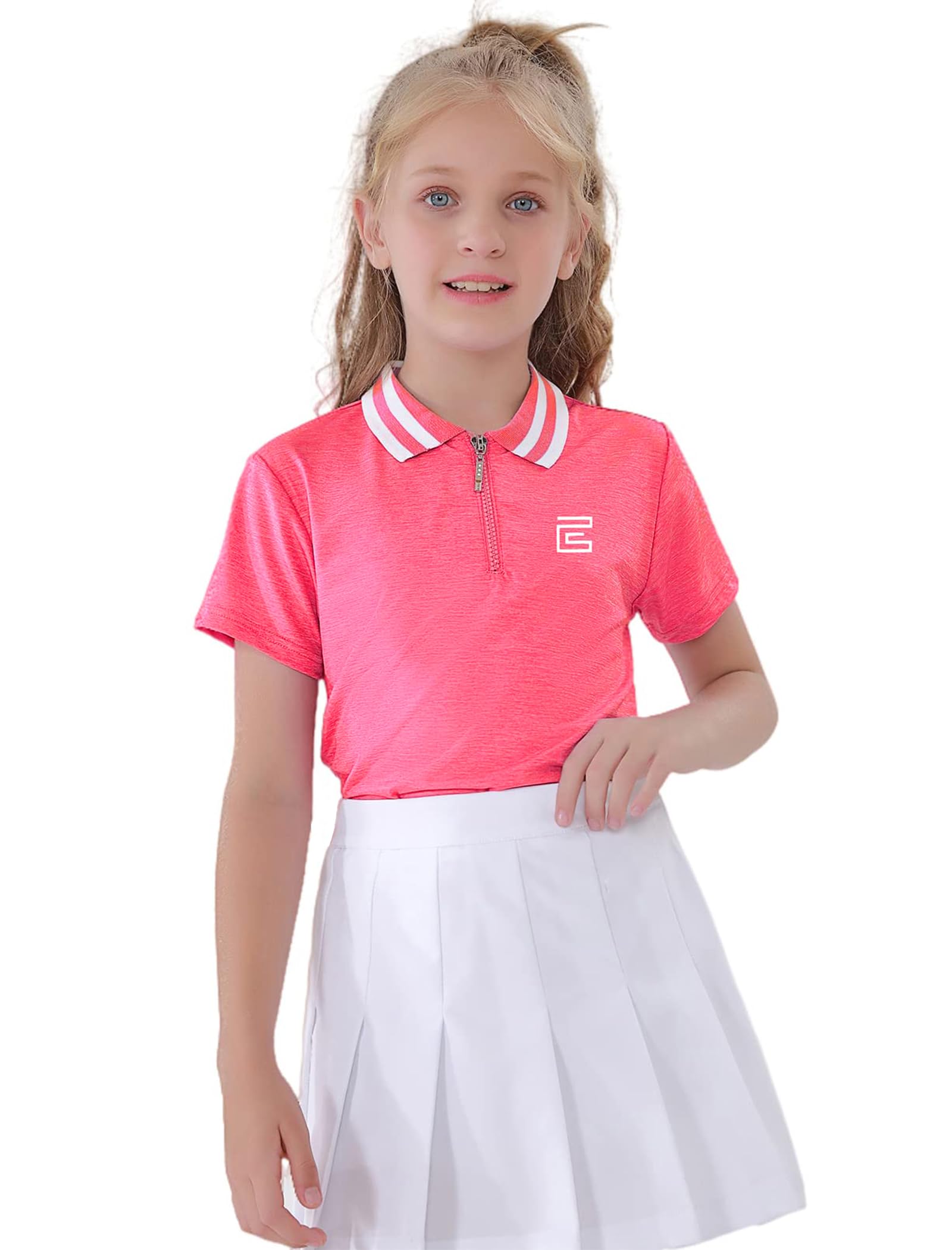 EXARUS Girls' Short Sleeve Golf Tennis Polo Shirts Kids 1/4 Zip Athletic Workout Quick Dry Golf Clothes UPF 50+ T-Shirts Rose 8 Years