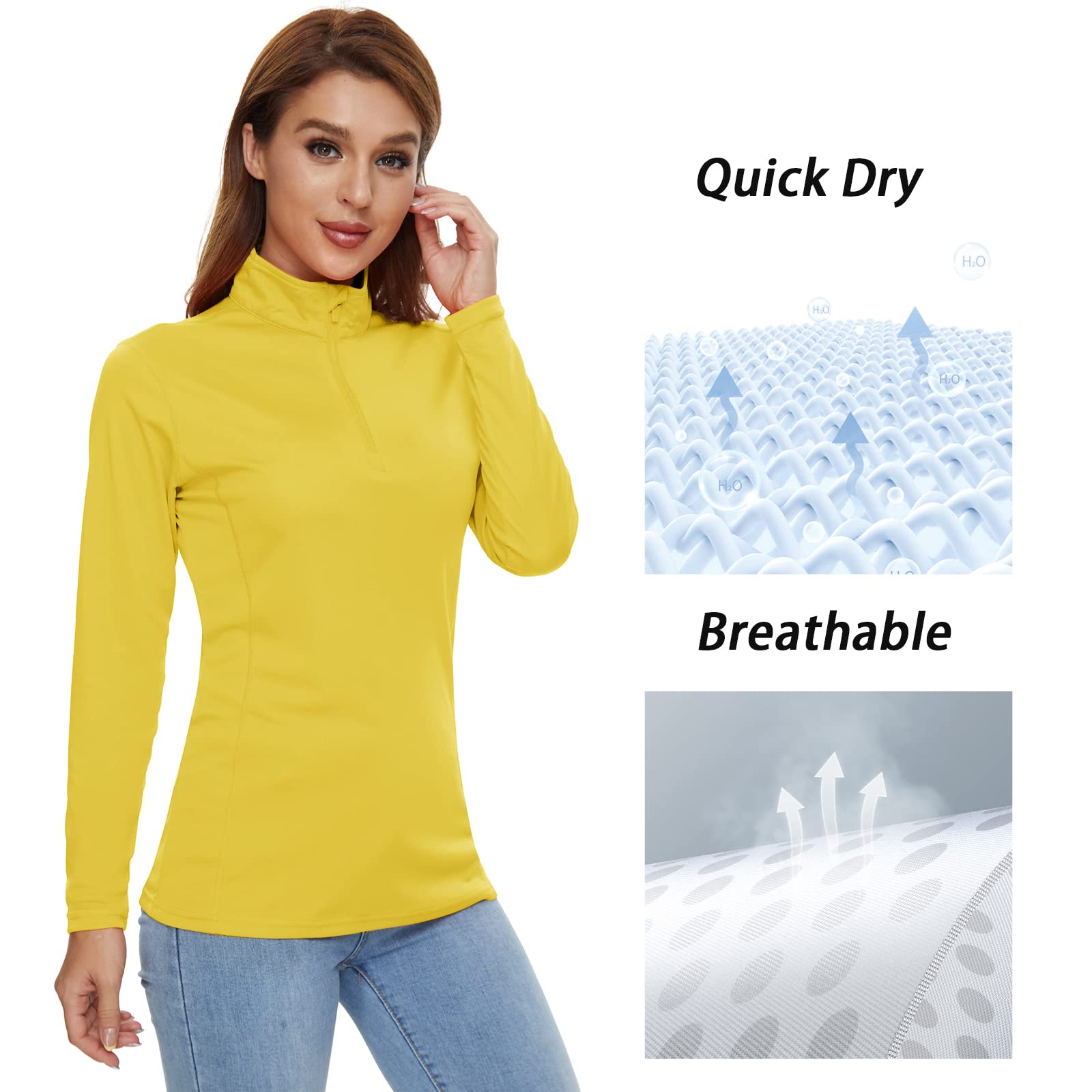 CRYSULLY Women's UPF 50+ Long Sleeve 1/4 Zip Lightweight Pullover Hiking Workout Tops Yellow