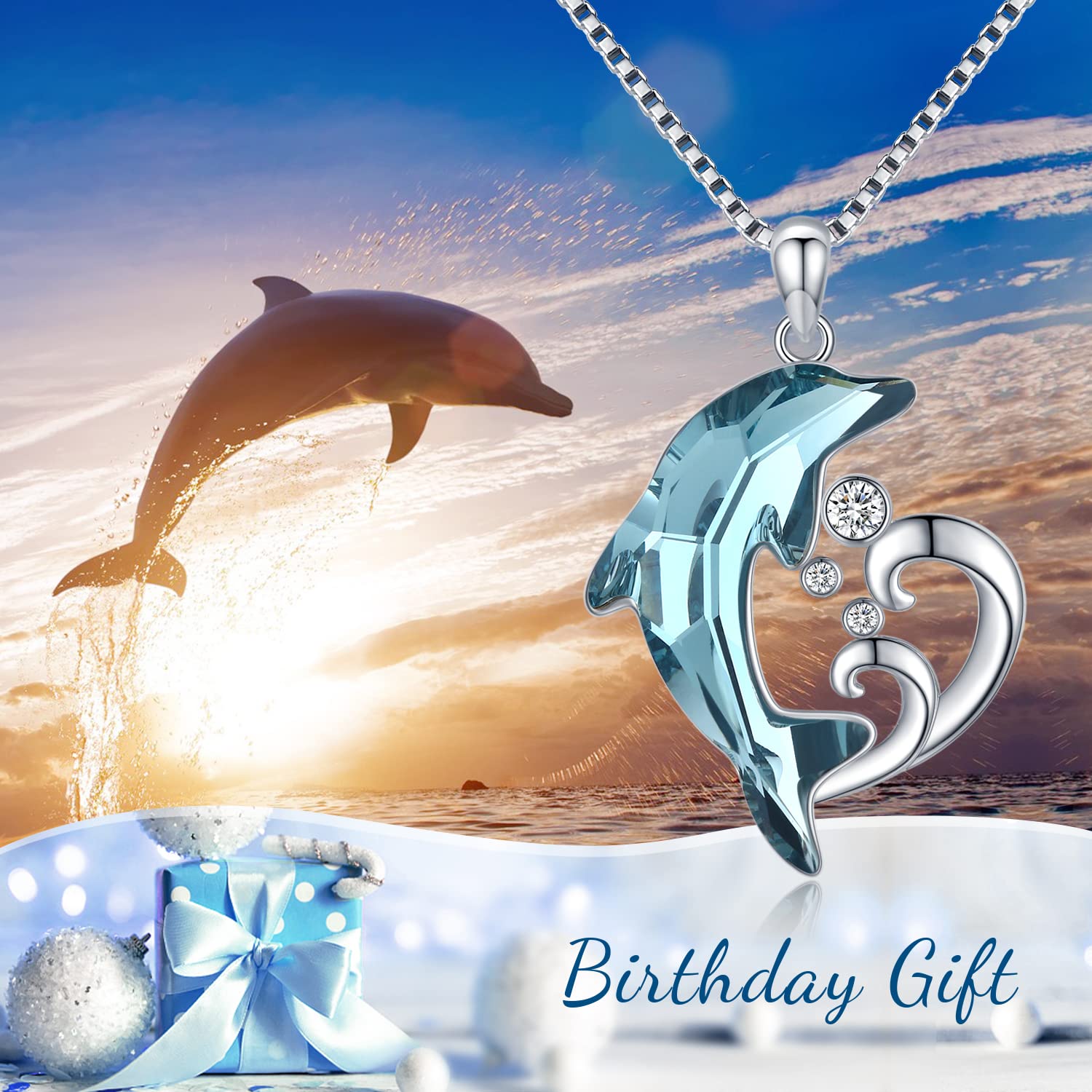 TwoAnts Dolphin Necklace Sterling Silver Dolphin Pendant Necklace with Blue Crystal Dolphin Beach Themes Ocean Wave Jewelry Dolphin Gifts for Women Girlfriend Birthday