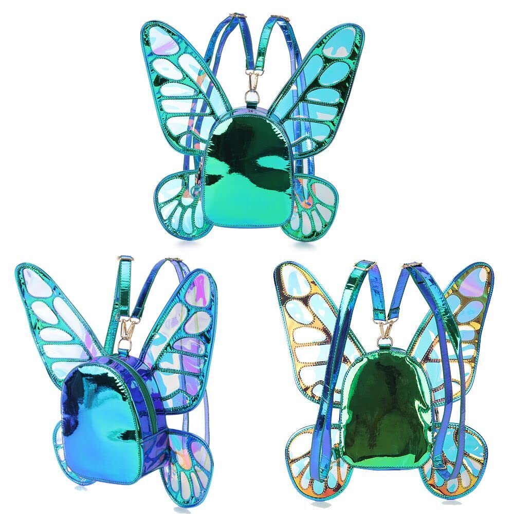 ENJOININ Women's Laser Holographic Backpack Butterfly Angel Wings Casual Daypack Shoulder Bag