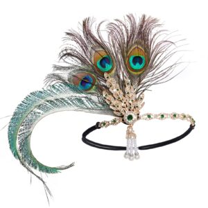 tongcloud 1920s flapper feather headband roaring 20s gatsby headpiece women's 1920s headband flapper feather headpiece(peacock green)